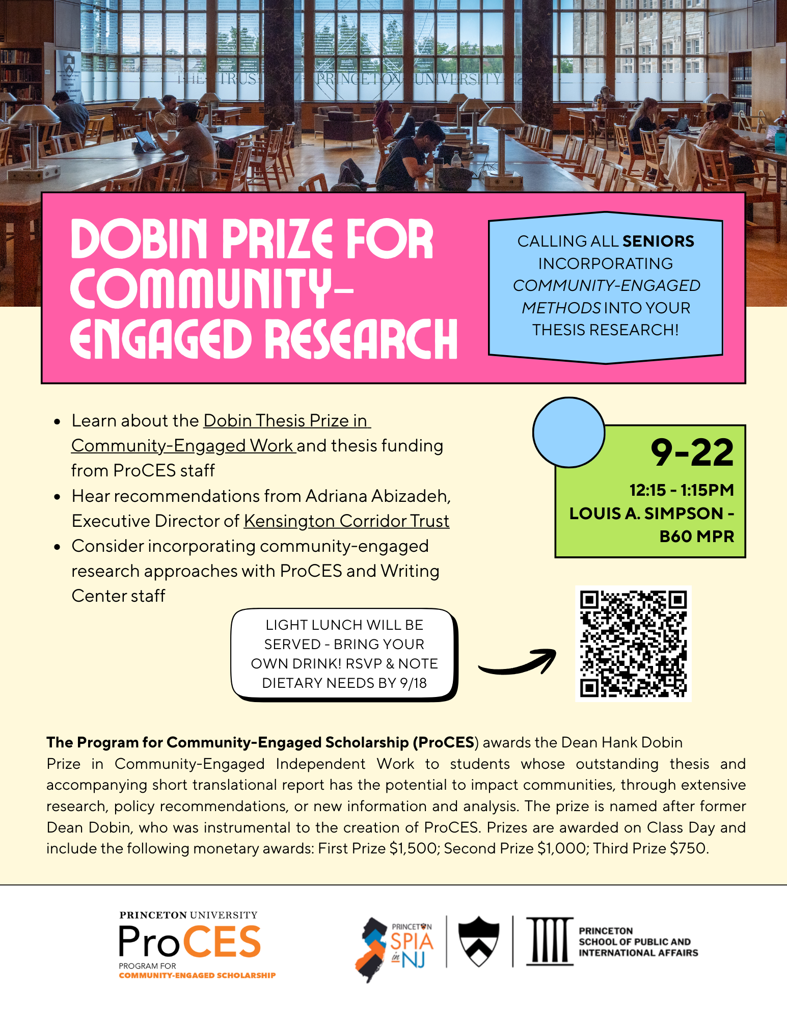 event poster with location, details and picture of Firestone Library
