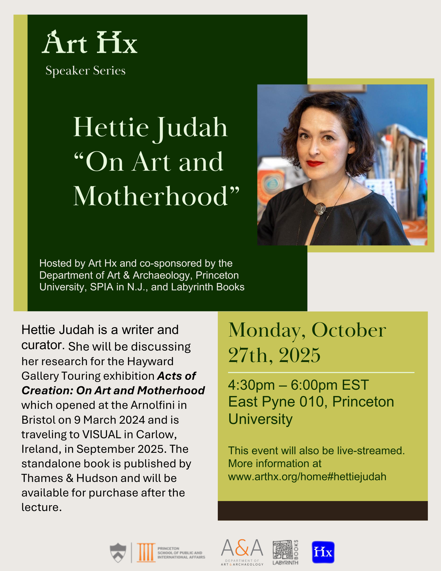 poster with talk details and author Hettie Judah headshot