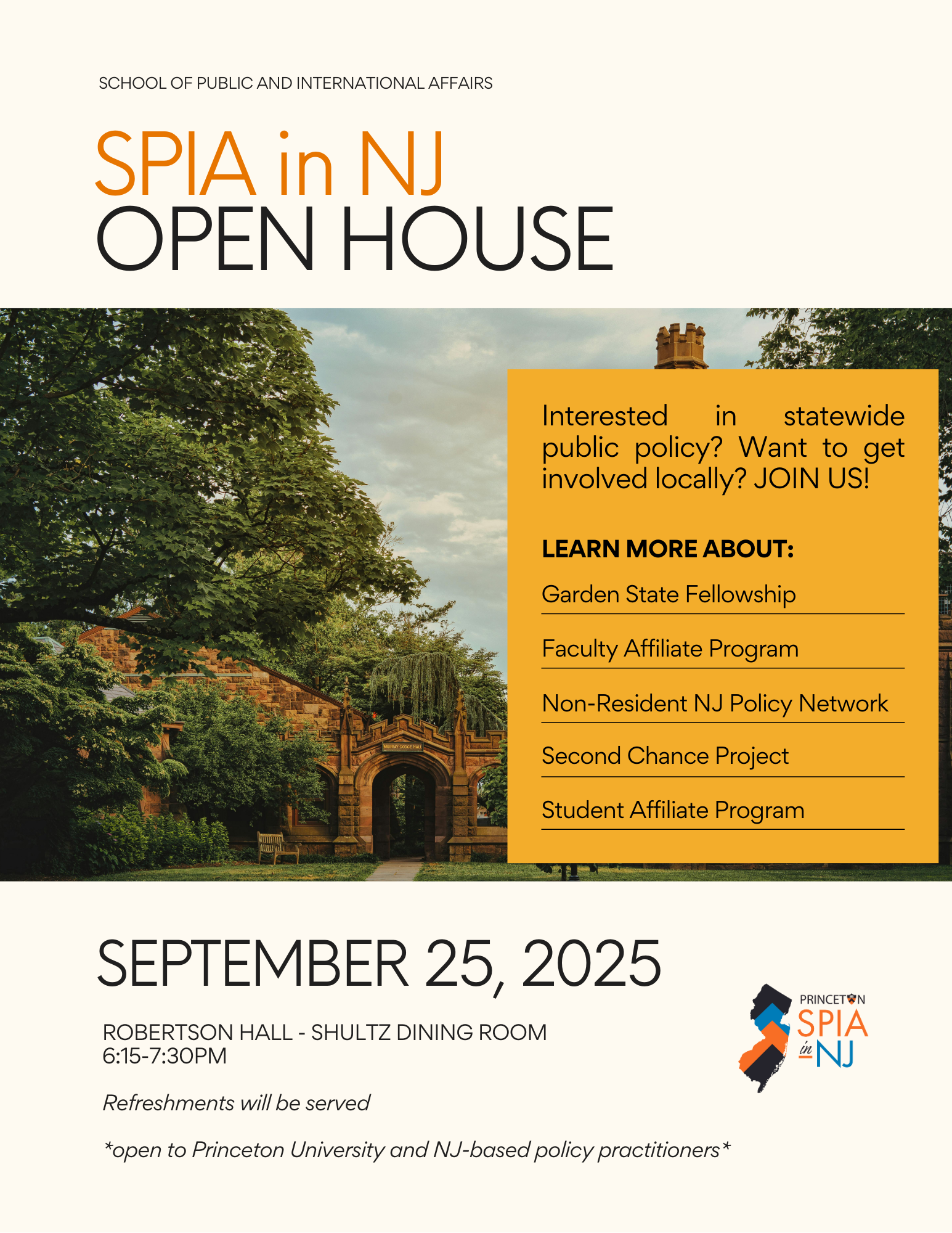 poster with open house details and picture of campus