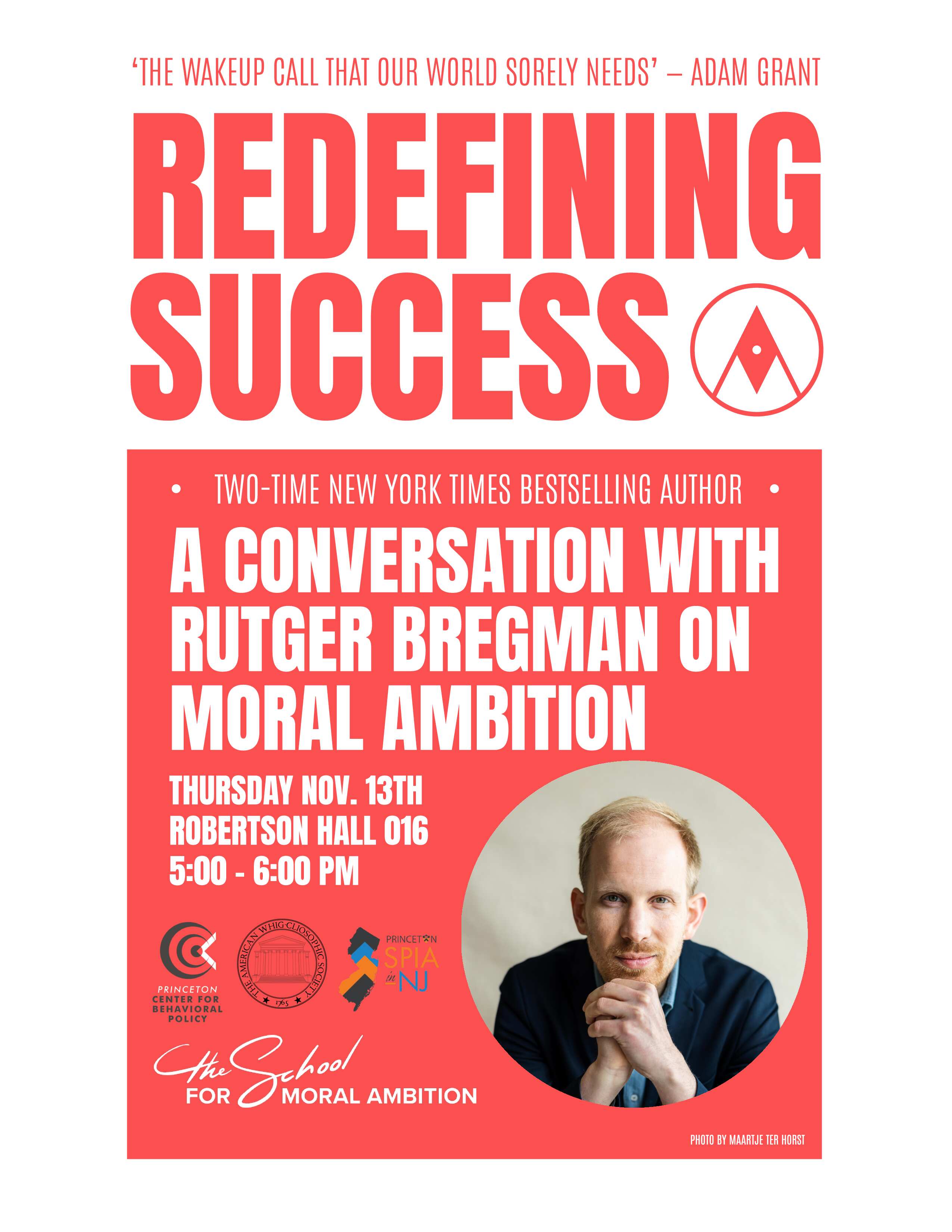 poster with talk details and headshot of Rutger Bregman
