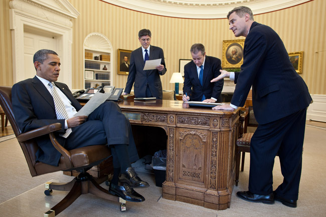 President Barack Obama meets with, left to right, Chief of Staff Jack Lew, Gene Sperling, Director of the National Economic Council, and Alan Krueger, Council of Economic Advisers Chair, in the Oval Office, March 8, 2012. (Photo credit: Official White House Photo by Pete Souza)