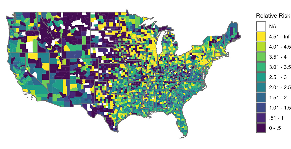 This map represents the “relative risk ratio” or percentage of black students who received out-of-school suspensions compared to white students. (Photo credit: Travis Riddle, Princeton University)