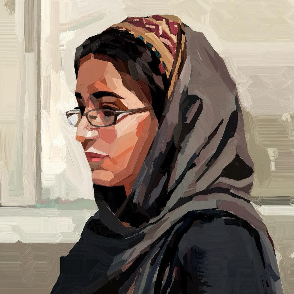 drawing of Aarzo, person with glasses and head scarf