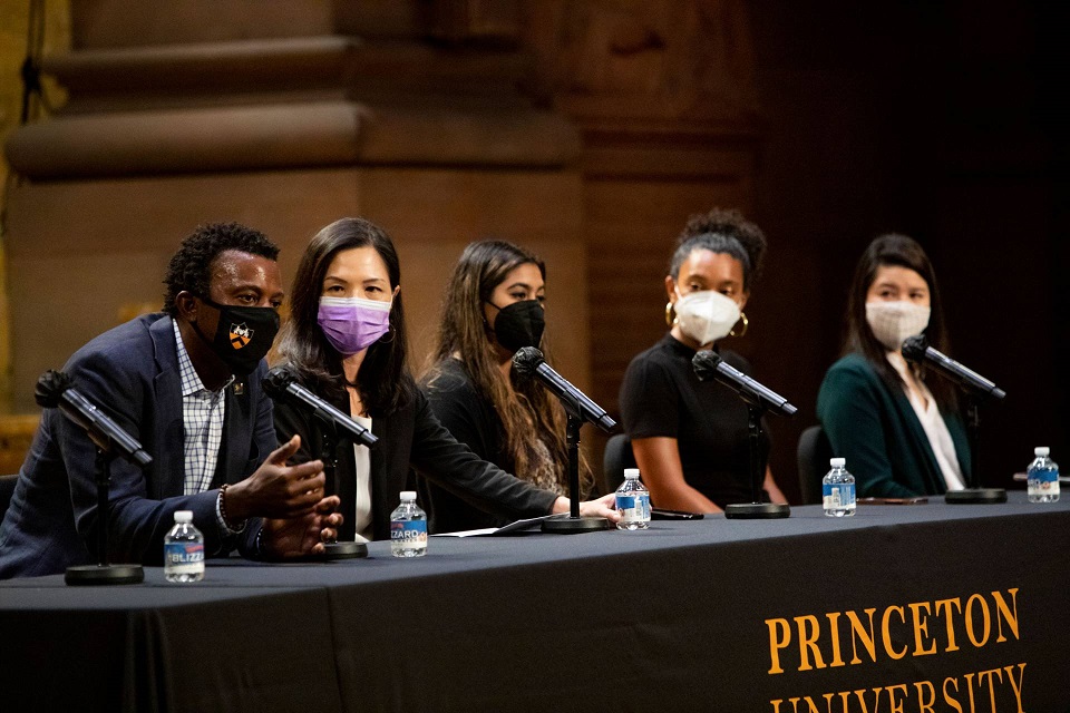 Faculty and returning students offer their best advice to new graduate students during the “Success in Graduate School” panel. Pictured (left to right): Rodney Priestley, the Pomeroy and Betty Perry Smith Professor of Chemical and Biological Engineering and vice dean for innovation; Christina Lee, who graduated from Princeton with a Ph.D. in 1999, and is now an associate professor of Spanish and Portuguese; Nausheen Rajan, a graduate student in the Princeton School of Public and International Affairs; Mélena Laudig, a graduate student in religion; and Lauren Feldman, a graduate student in psychology and president of the Graduate Student Government.  Photo by Denise Applewhite, Office of Communications