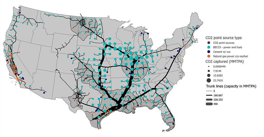 A map of the United States shows where carbon capture pipelines and projects would be in the year 2046 to 2050 under the high biomass (E- B+) scenario