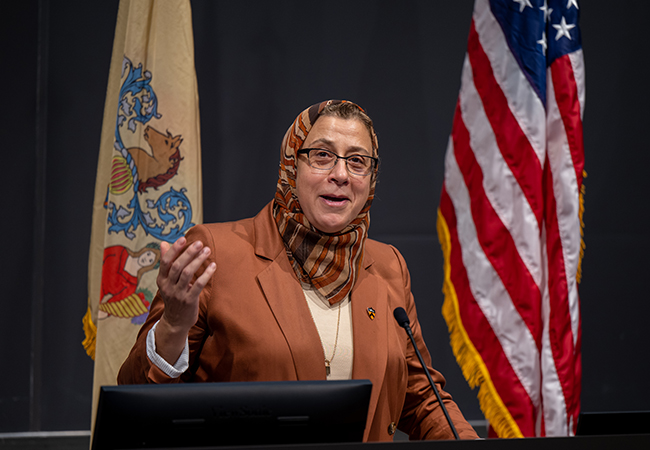 Dean Amaney Jamal speaking at Naturalization Ceremony 2022