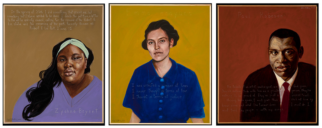Zyahna Bryant, Emma Tenayuca, and Paul Robeson portraits by Robert Shetterly. Courtesy of Americans Who Tell the Truth.