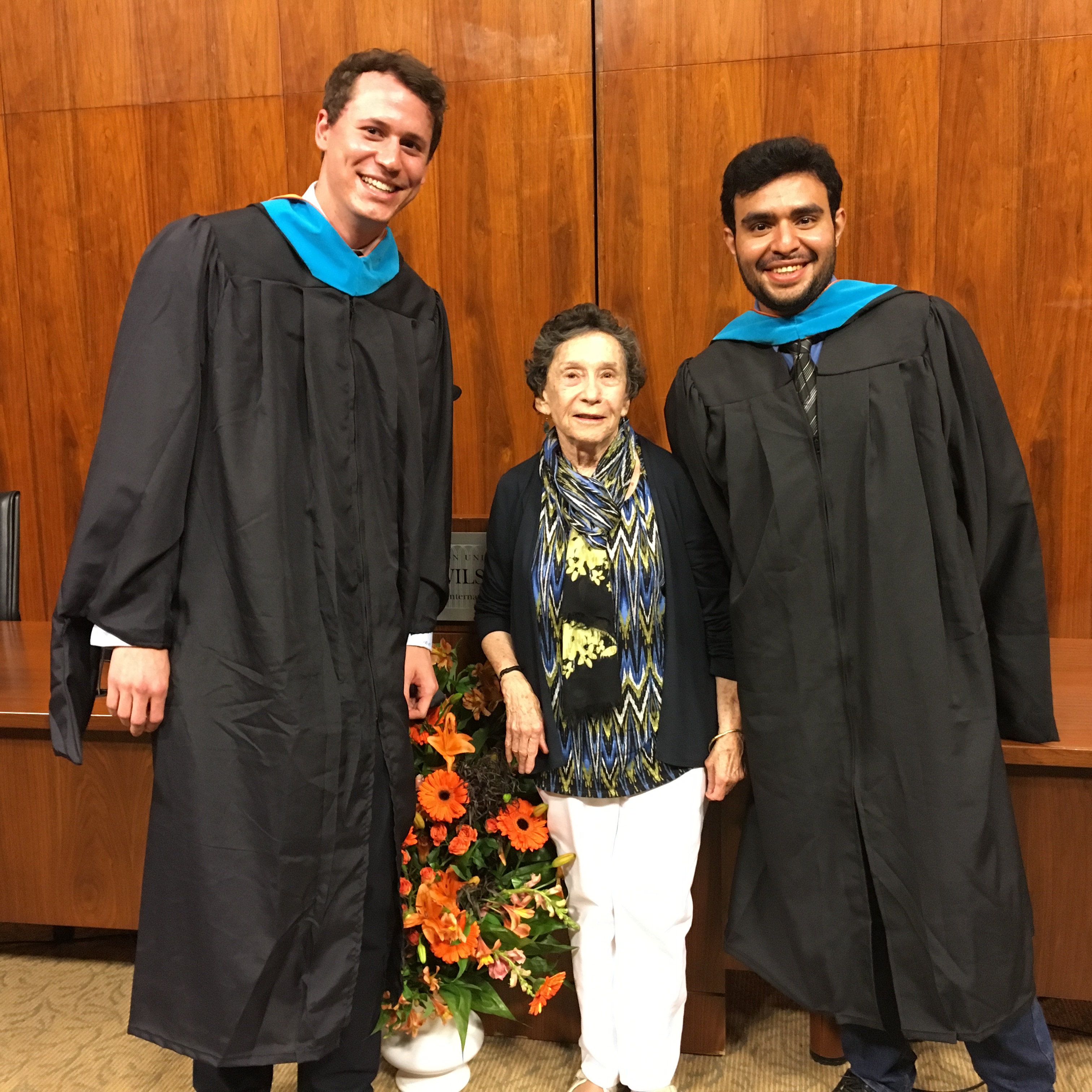 Sybil Stokes at a Princeton SPIA Hooding Ceremony in 2016, with the Stokes award winners that year, Michael Carlson and Kabira Namit, both MPA ’16.  