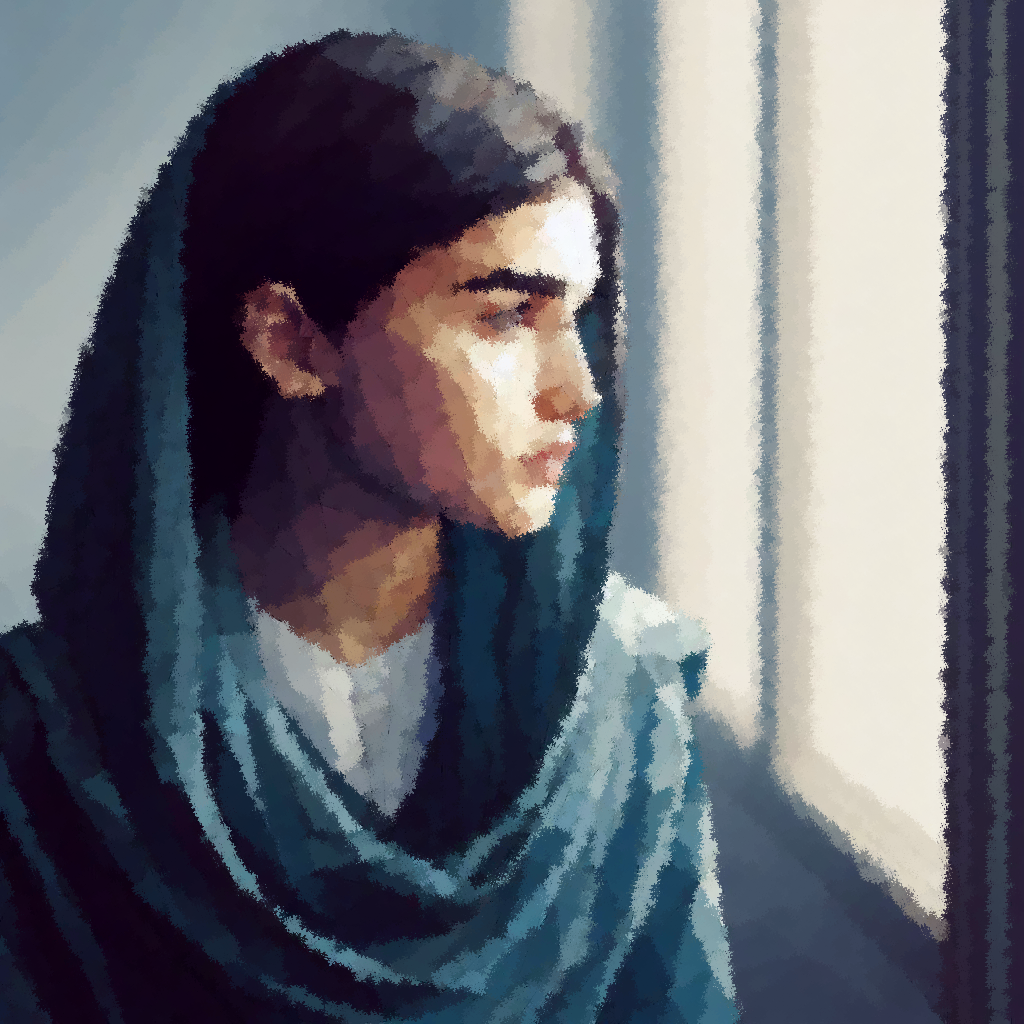 rendered image of girl looking out to window