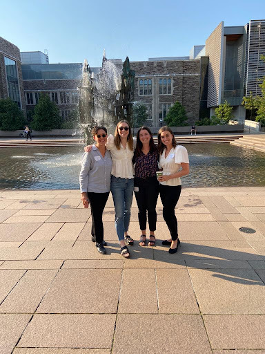 students in front of Scudder fountain