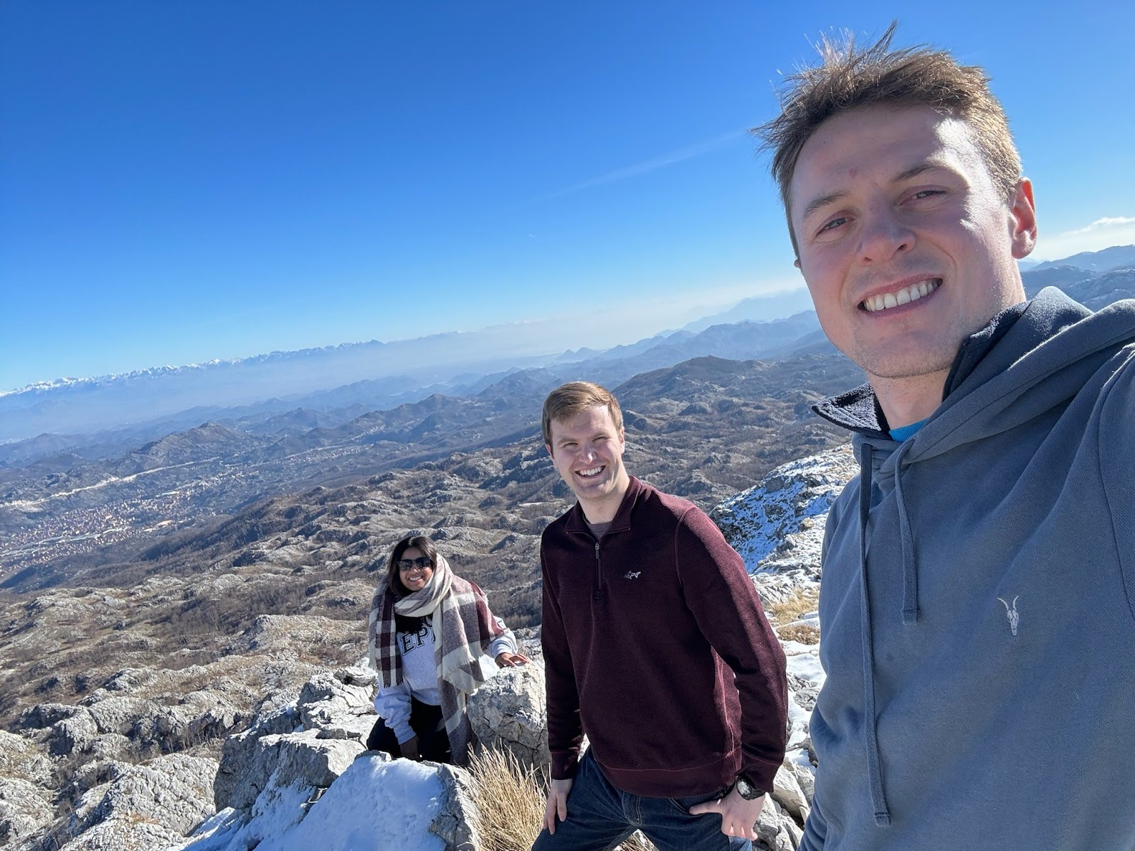 First-year MPAs Uma Mengale, Aaron Arnett, and Stuart Ewen in Montenegro during their road trip through ten Balkan countries.