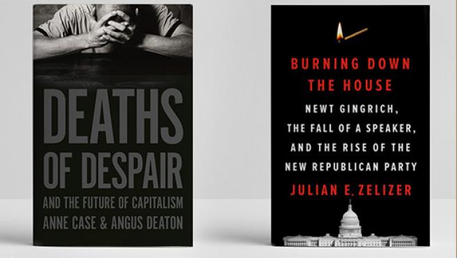 book covers for Deaths of Despair and Burning Down the House