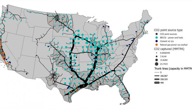 A map of the United States shows where carbon capture pipelines and projects would be in the year 2046 to 2050 under the high biomass (E- B+) scenario.