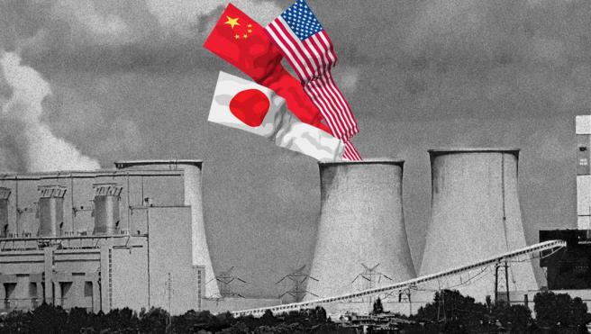 black and white photo of oil tanks with color flags of Japan, China, and United States