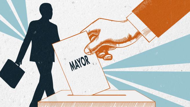 Graphic with male figure and hand holding card with the word Mayor; created by Hannah Williams