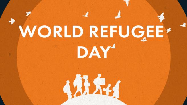 World Refugee Day graphic in orange and white