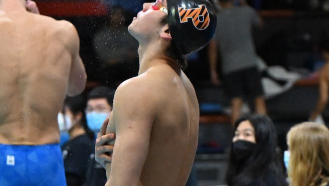Nicholas Lim before a Princeton swim meet.