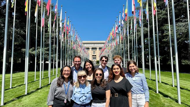 Students in front of the United Nations in Geneva