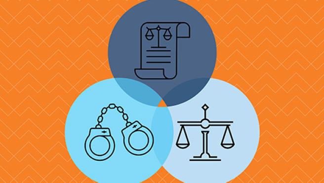 Icons of handcuffs, scroll paper and justice symbol with an orange background