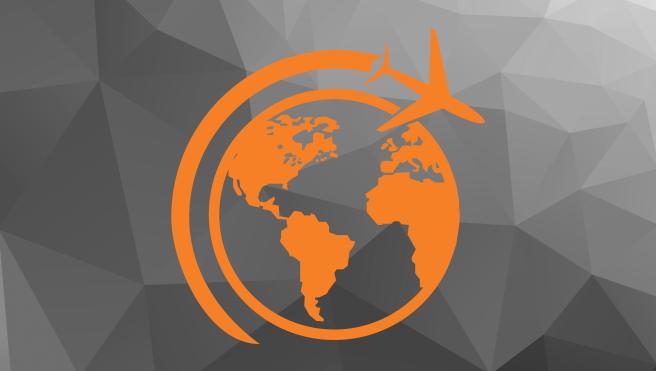 Orange world globe with orange plane circling the world
