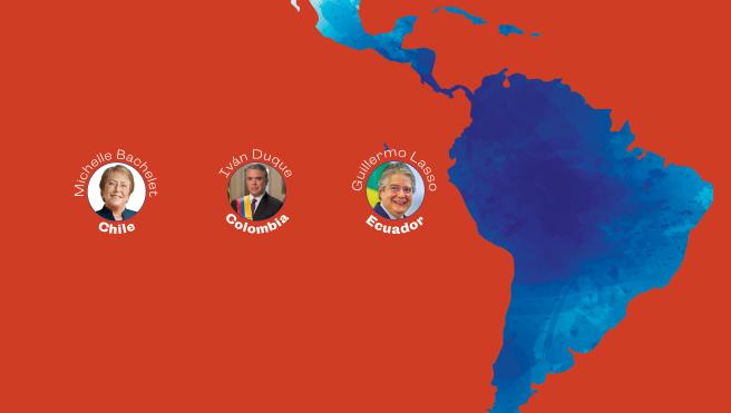 LATAM event header with former presidents of Columbia, Chile, and Equador