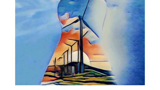 cover of report, painting of nuclear plant tower with wind turbines and solar panels covering it