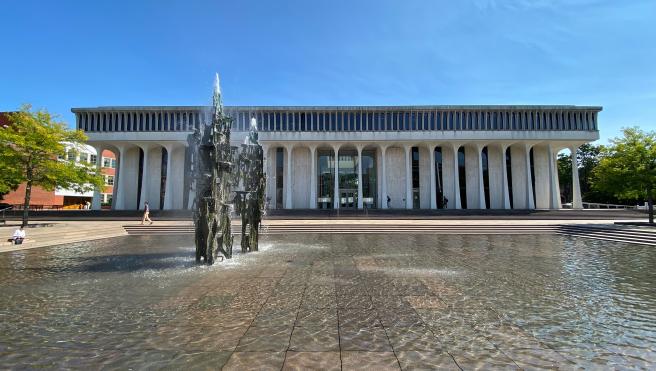 Robertson Hall with Freedom Fountain in foreground