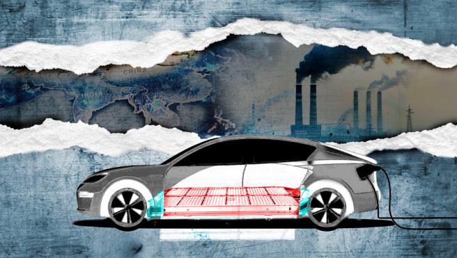 Gray electric car with smokestacks in the background. Graphic Design: Bumper DeJesus