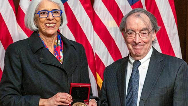 Larry Martin Bartels and Arati Prabhakar. Photo by Ryan K. Morris for the National Science & Technology Medals Foundation.