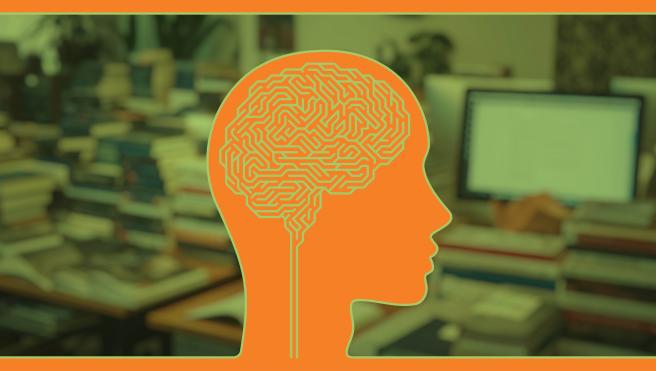 Behavioral science news story hero banner with orange head and map of brain