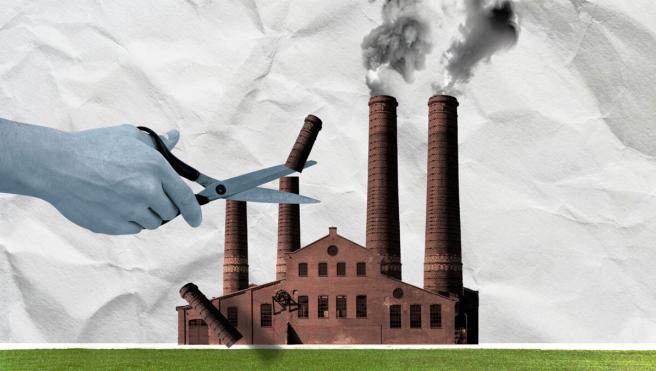 Hand with scissors cutting factory smoke stack. Illustration by Bumper DeJesus.