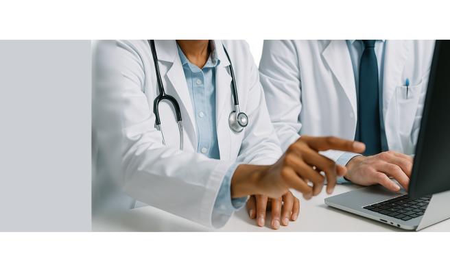 Two physicians conferring over computer