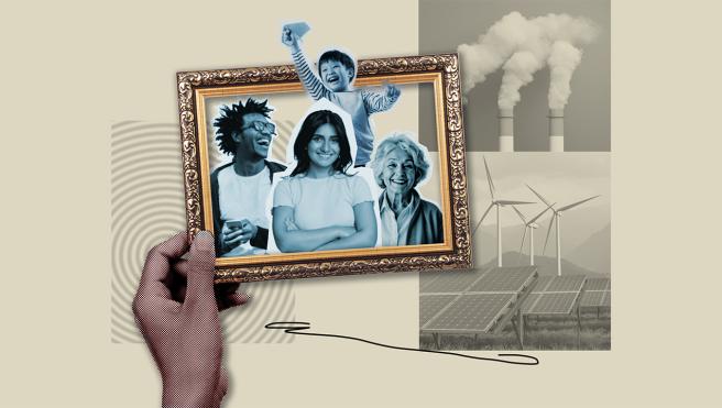 Illustration by Bumper DeJesus. Image of people in a picture frame with photos of windmills and smoke stacks in the background.