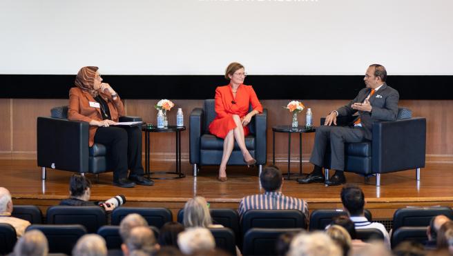  Many Minds, Many Stripes event with Dean Amaney Jamal, Cara Abercrombie MPA ’03, and Ajay Bisaria MPP ’09