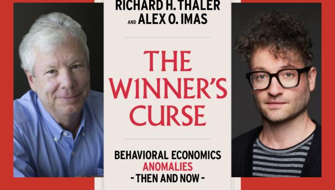 Photos of authors Dick Thaler and Alex Imas with book jacket for The Winner's Curse