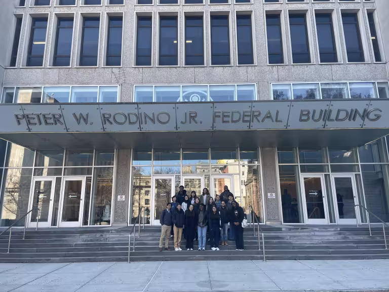 Students in the course Asylum: Policy, Politics, and Practice at the Peter W. Rodino Jr. Federal Building, in Newark, New Jersey. 