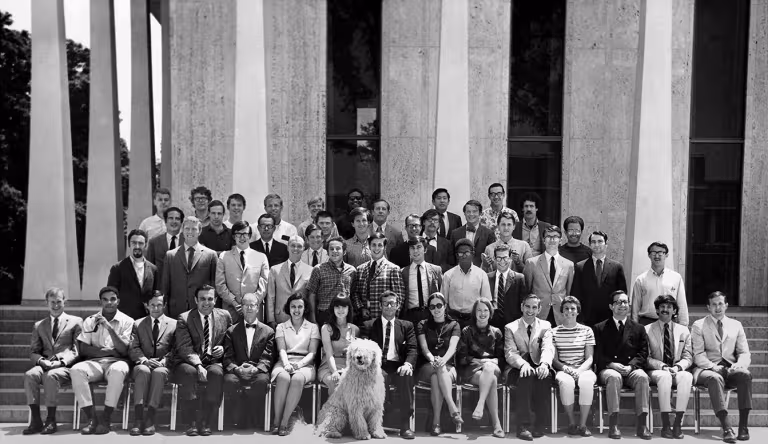 SPIA MPA students posing in front of Robertson Hall, 1969