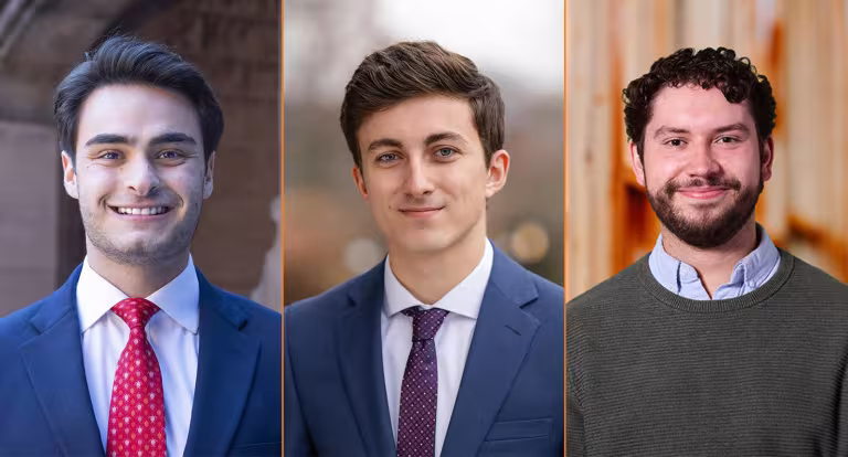 From left to right: Avi Attar ’25, Noah James’25, and Josh Heupel MPA ’25  Photos by Denise Applewhite, Office of Communications; Sameer A. Khan/Fotobuddy