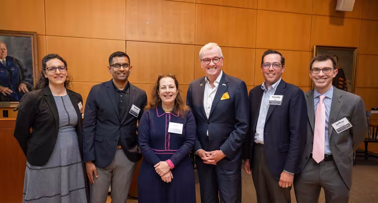 From left to right: Cass Madison, CPSAI; Arvind Narayanan, Princeton University, CITP; Beth Noveck, New Jersey Office of Innovation; New Jersey Governor Phil Murphy; Timothy Blute, NGA; Jeffrey Oakman, NJ AI Hub.  Photo by Sameer A. Kahn/Fotobuddy