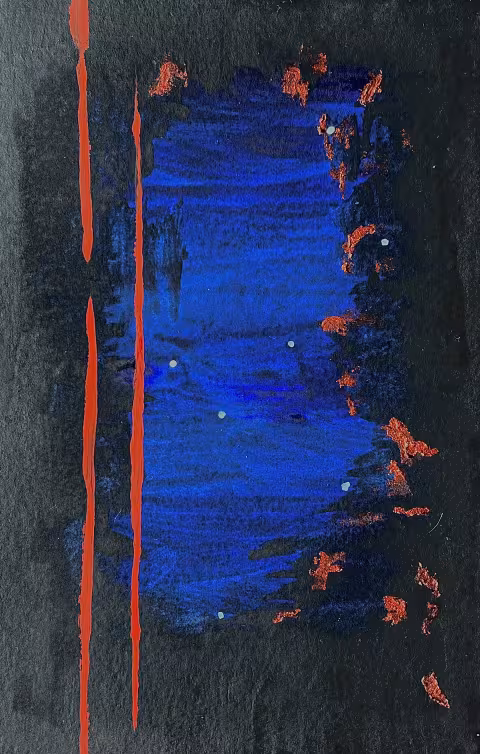 abstract painting, blue, black, and red