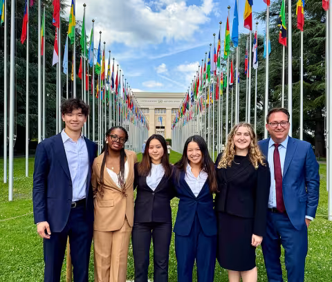 SPIA students and Udi Ofer in front of Palais des Nations in Geneva.