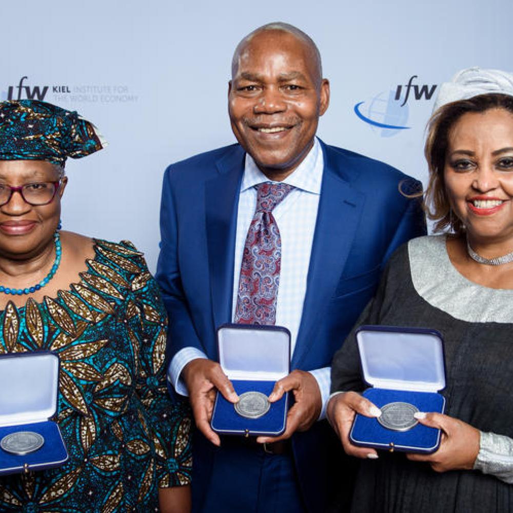Leonard Wantchekon (center) received the Kiel Institute's Global Economy Prize on June 19, 2023. Image courtesy of the Kiel Institute.