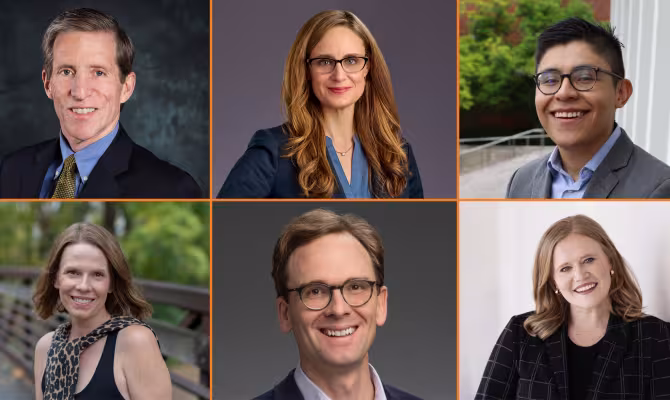 Clockwise from top left: Dennis McBride MPA ‘80, Lauren Necochea MPA ’06, Daniel Bosa Rincon MPA '26, Jess Hembree MPA ’08, Thomas M. Nelson MPA ’04, Rachel Morrow MPA ’25.