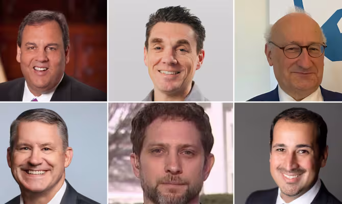 Clockwise from top left: Chris Christie, Phillip Connor, Philippe Étienne, Michael R. Fenzel, Jon Finer, Roberto J. Rodriguez.
