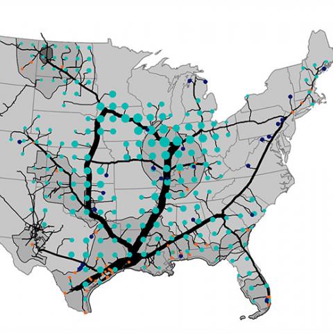 A map of the United States shows where carbon capture pipelines and projects would be in the year 2046 to 2050 under the high biomass (E- B+) scenario.