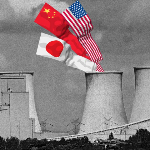 black and white photo of oil tanks with color flags of Japan, China, and United States