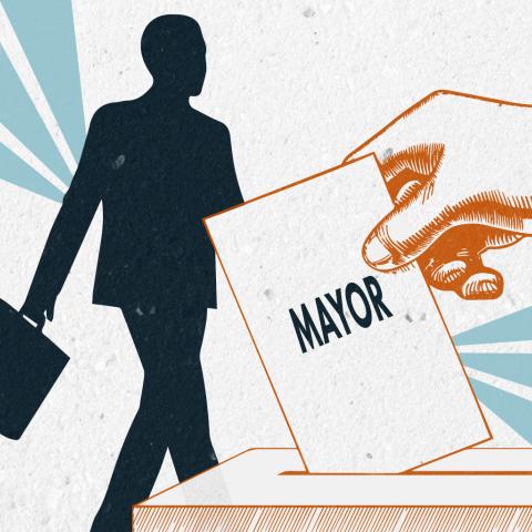 Graphic with male figure and hand holding card with the word Mayor; created by Hannah Williams