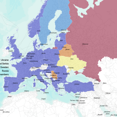 EU map with capitals and roads