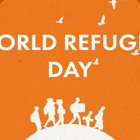 World Refugee Day graphic in orange and white