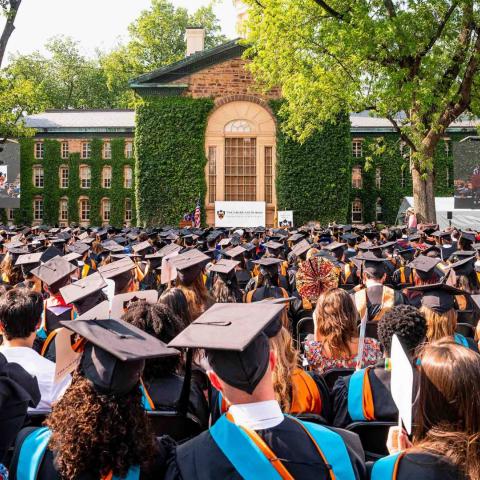 Princeton’s recent Ph.D. and master’s degree recipients were honored at the 2023 Hooding and Recognition Ceremony on May 29 on Cannon Green. Photo by Nicole Guglielmo.